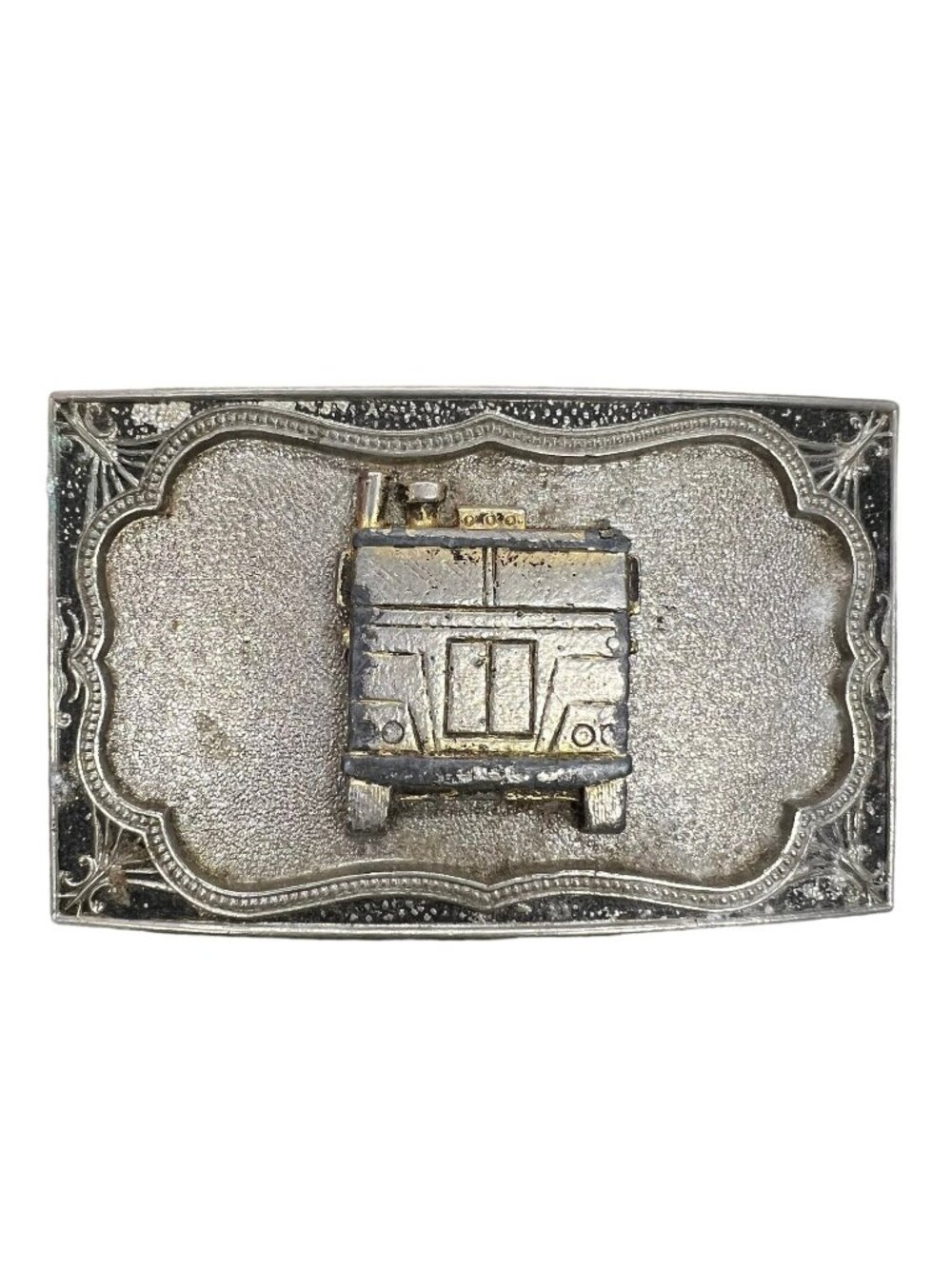 Fire Truck Fireman Fighter Vintage Silver Pewter Belt Buckle 3.75" Retro 70's